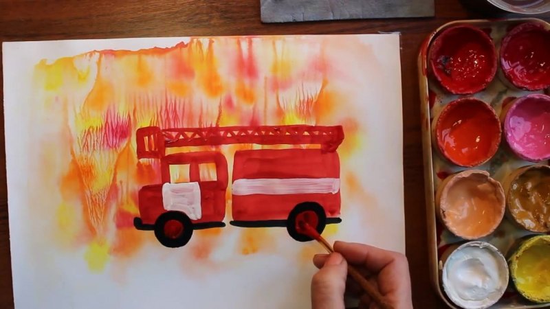 Пожарная машина подготовительная группа. Рисование пожарная машина. Рисование для детей пожарная машина. Рисование с детьми машина красками. Рисование красками пожарная машина.