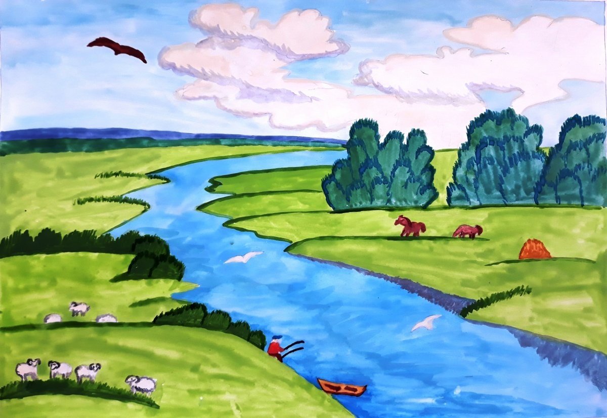 Рисунок реки озера или моря. Речка рисунок. Пейзаж рисунок. Рисование реки. Летний пейзаж для детей.