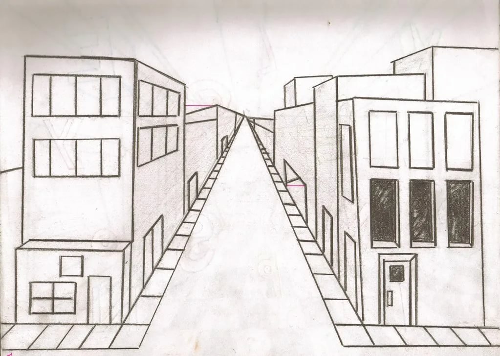 Рисунок нарисовать улицу. Зарисовка города линейная перспектива. Линейная перспектива точка схода. Перспектива с одной точкой схода архитектура. Городской пейзаж одноточечная перспектива.